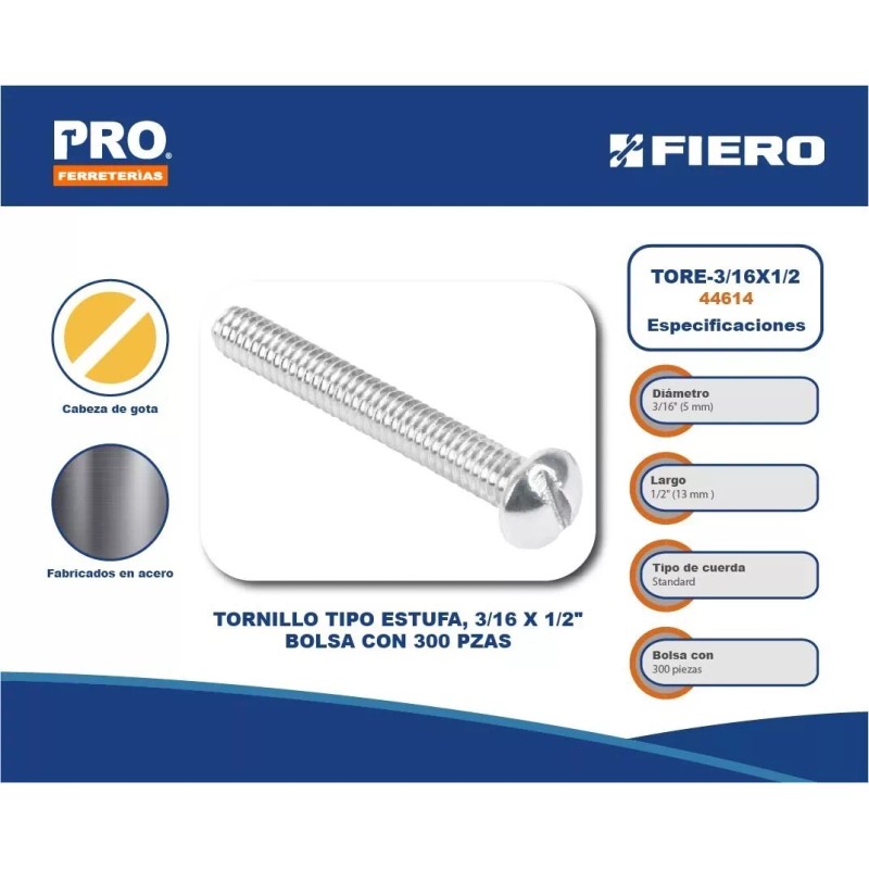 Fiero Tornillo Tipo Estufa 3/16x1/2', 300pz, Fiero 44614