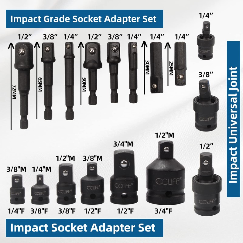 CCLIFE 17-Piece Socket Adapter for Impact Wrench 1/4 Inch 3/8