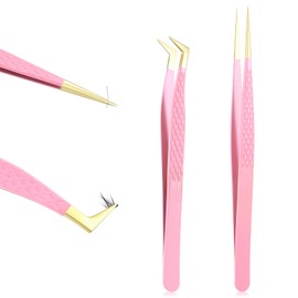 2 PCS Lash Cluster Tweezers Set, Professional Eyelash Extension Tools Fiber Tip Women Lash Eyelash Eyebrow Tweezers with Bent and Straight Tips, Non-Slip Grip for Volume, Classic Lashes (Pink)​
