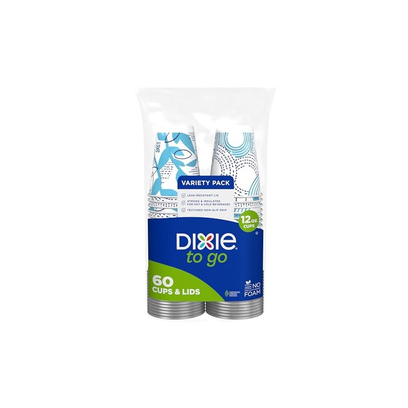 Dixie To Go Disposable Paper Cups with Leak-Resistant Lid, 12