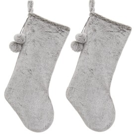 Gireshome Set of Two Deluxe Discoloured Wool, Grey Mixted Color Faux Fur,Whimsical Pom-poms Christmas Stocking - 10inchx18inch