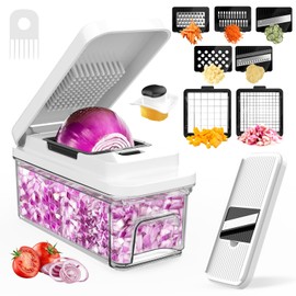 Vegetable Chopper: 10 in 1 Food Chopper - Onion Vegetable Slicer Cutter Dicer, Veggie Cutter with Container, 7 Blades, Kitchen Gadgets for Carrot Salad Garlic Potato Slicer