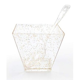 zappy 400 Square Mini Dessert Cups 2 oz Clear Gold Glitter Tasting Sample Shot Glasses Gold Glitter Dessert Cups & Spoons Disposable Plastic Appetizer Bowls Mini Parfait Cups Small Tumblers Shooters