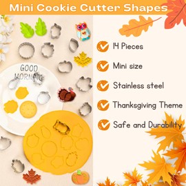 Crethinkaty 14 Pieces Mini Thanksgiving Cookie Cutters,Fall Holiday Biscuit Cutter Set,Thanksgiving Stainless Steel Cookie Cutter Sets for Baking Pumpkin,Maple leaf,Turkey,Squirrel,Acorn