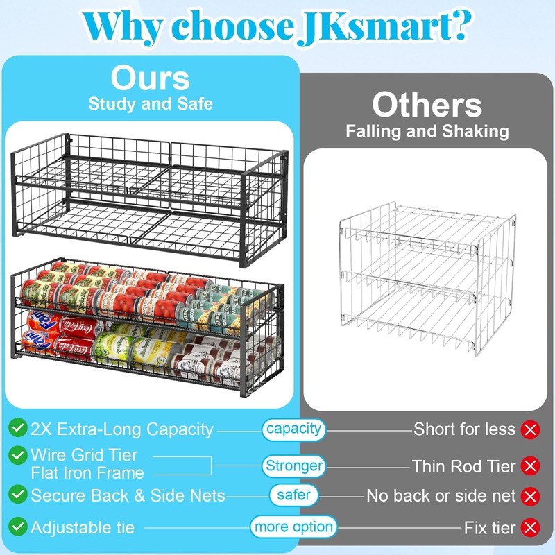 2-Tier Stackable Can Rack Organizer for Pantry Shelf, Extra-Long Can