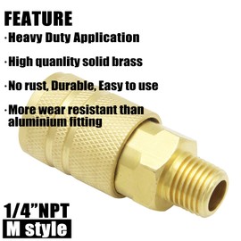 Qolekog Air Hose Fittings Brass Industrial Coupler 1/4-inch NPT Male Thread Compressor Quick Connect Fittings For Professional Jobsites and Automotive Shops I/M Style 2 Piece
