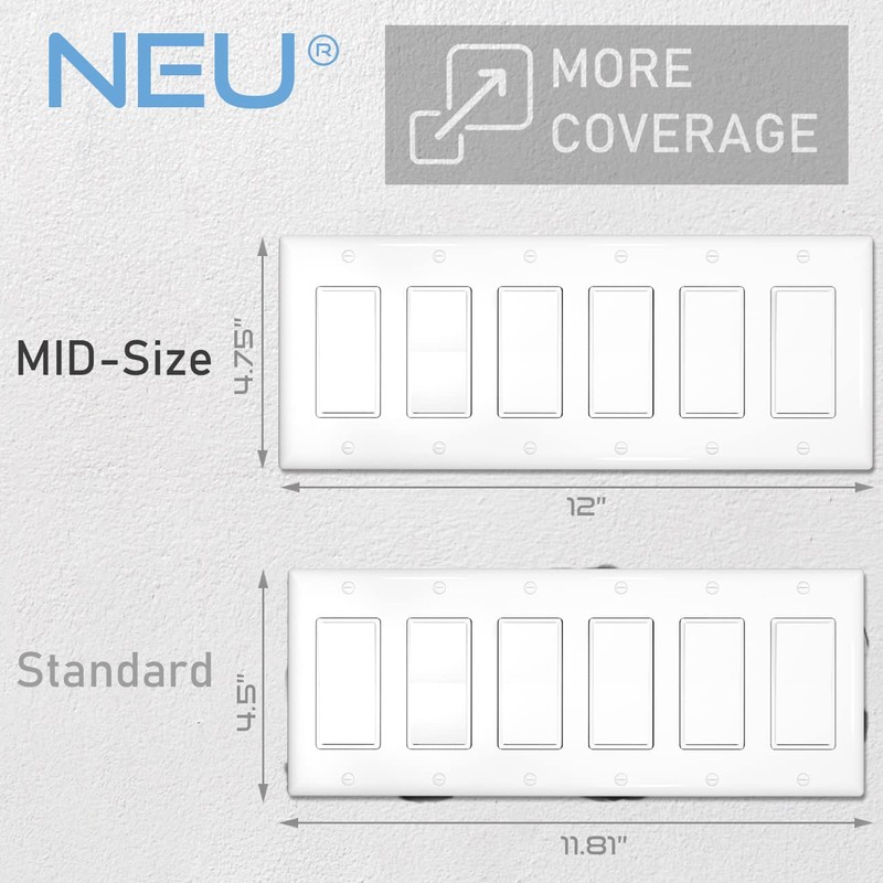 NEU 6-Gang Mid-Size Decorator Light Switch Outlet Cover Wall Plates,