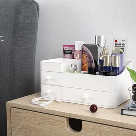 POFUOT skin care organizer,Makeup Desk Organizer With Drawers,Countertop Organizer for Cosmetics,Vanity brush with Holder for Lipstick, Brushes, Eyeshadow, and Desktop Finishing Dresser (D-White)