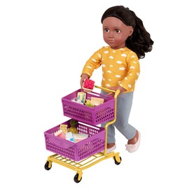 Our Generation BD35211Z Deluxe Shopping Trolley Purple/Yellow & Food - Balanced Shopping for 46 cm Dolls, with Working Wheels - Children's Toy from 3 Years - 45461 HCM Kinzel