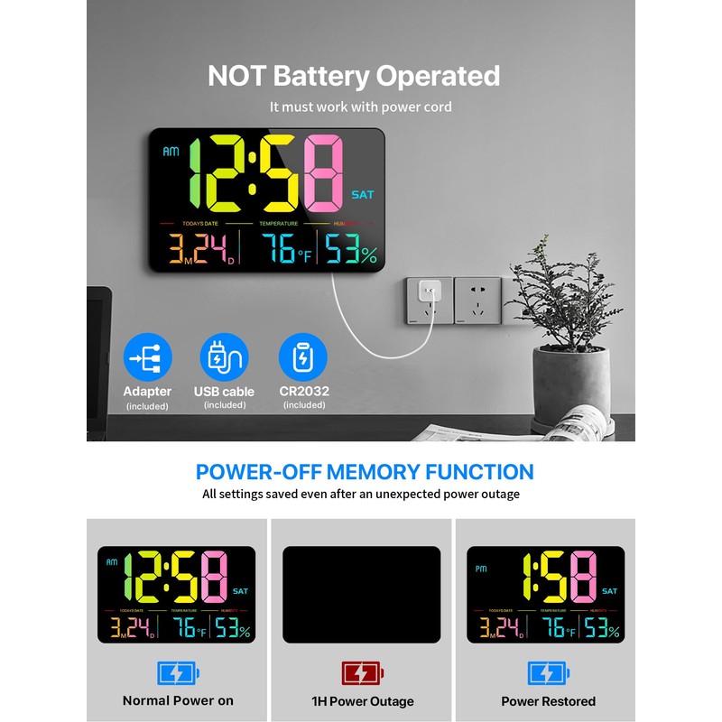 MASHI Digital Clock, 13" Large Display Digital Wall Clock, Adjustable