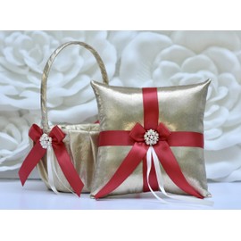 Alex Emotions Flower Girl Basket and Ring Bearer Pillow Set in Gold and Red Color