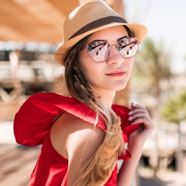 Dollger Polarized Sunglasses Women Cat Eye Mirrored Trendy Shades with UV Protection(Pink)