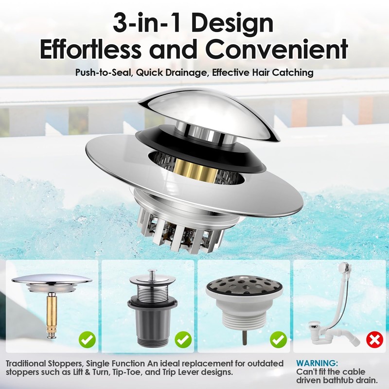 Bathtub Drain Stopper, gliship Upgraded Pop Up Tub Drain Hair