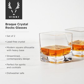 Viski Braque Rocks Short Glass Set - Old Fashioned Glass Square Drinking Glasses, Crystal Cocktail Glasses 10oz Set of 2