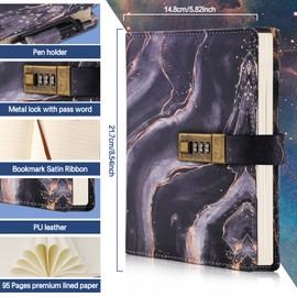 Diary with Lock for Girls Women,Journal Secret Diary with Combination Lock,PU Leather Password Notebook A5 Refillable Notebook Writing Travel Journal Gift 192 Pages(black)