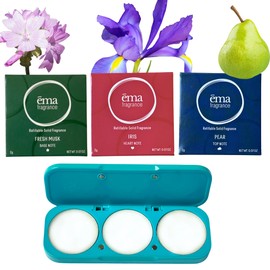 ēma fragrance Solid Perfume Set, 3 Solid Fragrance Pods + Refillable Compact Case in Aqua Blue (Fresh Musk, Iris, Pear) Natural, Vegan, Alcohol-Free, Travel-Friendly