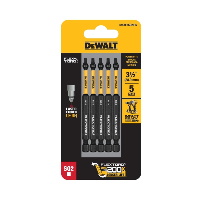 DEWALT FLEXTORQ Square #2 Bits 5Pk, Robertson 1/4 x 3-1/2in