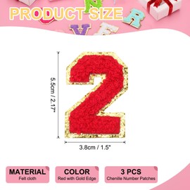 PATIKIL 3 Pcs Chenille Number Patches, 2.17 Inch Self-Adhesive Number 2 Patch Appliques Stickers for DIY Clothing Jacket Jersey Hat Decor, Red with Gold Edge