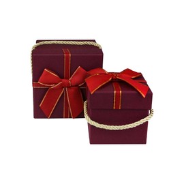 Emartbuy Set of 2 Rigid Gift Box, Red Gift Box with Satin Ribbon and Golden Carry Handle