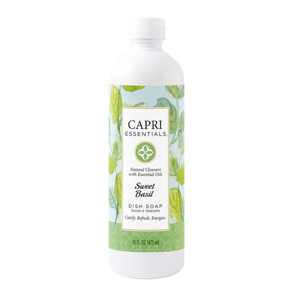 CAPRI ESSENTIALS Sweet Basil Natural Dish Soap Liquid w/Essential Oils – Plant-Based Dish Cleaning Supplies – Chemical-Free Household Cleaning – Natural Cleaning Products (16 oz)