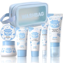Milk Skin Care Set,Skincare Sets for Teenage Girls,Facial Care Gift Set & Kits,Including Brightening Cream,Hand Wax,Sunscreen,Eye Cream,Scrub,Facial Cleanser,Cosmetic Bag,Skin Care Set 7 Pcs