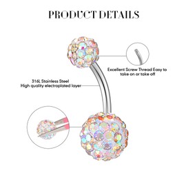 Junkin 20 PCS 14G 316L Stainless Steel Dangle Belly Button Rings Silver Rhinestone Button Jewelry Navel Piercing Belly Jewelry for Women