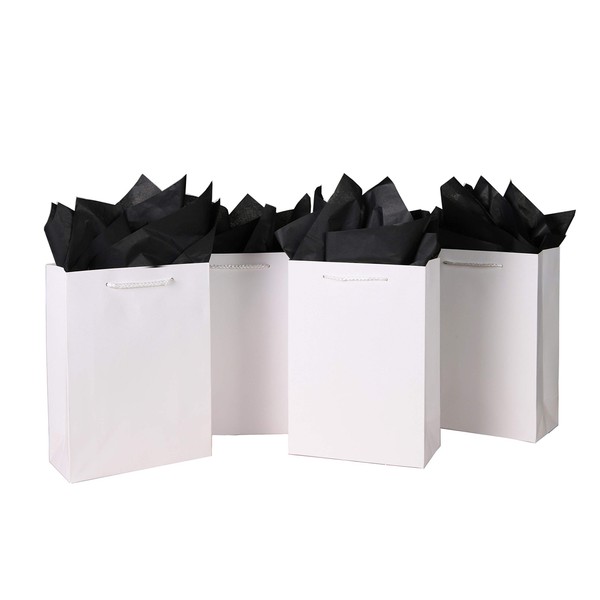 SHIPKEY 10 Pcs White Gift Bags (8x4x11 Inches) Gift Bags with Black Tissue Paper | Luxury Matte White Paper Bags with Handles Perfect for Birthday Parties, Weddings