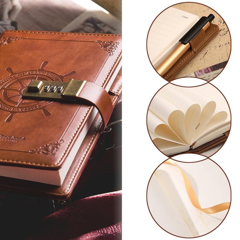 Notebook with Lock, B6 PU Leather Journal Diary with Pen