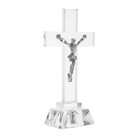IMIKEYA Crystal Cross Standing, Jesus Cross with Light Crucifix Cross Statue Praying Religious Figure Catholic Cross Standing Ornament Sacred Crystal Cross Table Top Home Decoration