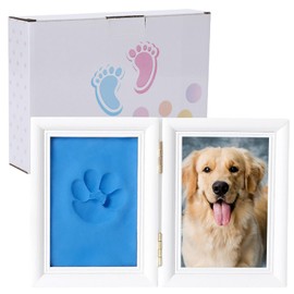GNAcs Memorial Photo Frame, Paw Shape, Handprint, Clay, Height 6.1 inches (15.5 cm), Width 9.1 inches (23 cm), Photo Stand, Wooden Frame, Dogs, Cats, Children, Newborns, Record (Blue)