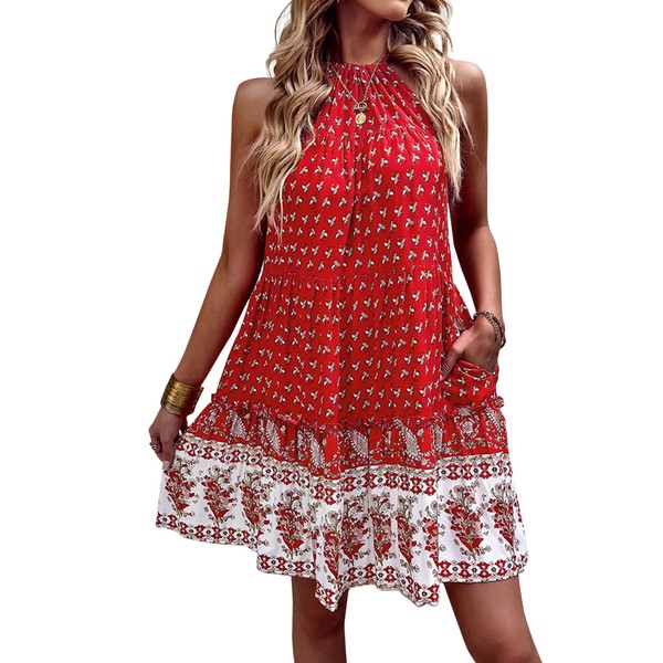 Arach&Cloz Women's Boho Halter Dresses Floral Print Sleeveless Short Mini