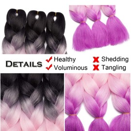 Benehair Ombre Braiding Hair 1 Bundle 24inch Jumbo Braiding Hair Extensions High Temperature Synthetic Braid Hair Braiding Hair Pre Stretched Braid Extensions (Black+Pink+Purple)