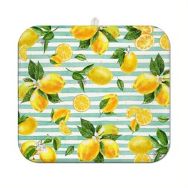 Lemon Dish Drying Mat for Kitchen Counter,Striped Background Yellow Lemon Floral Microfiber Summer Drying Mat, Washable Absorbent Kitchen Countertop Dish Drainer Mat,16×18 Inch