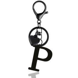 ANHBKAR Stainless Steel Black Alphabet Keychain A-Z for Women, Girls - Cute Initial Letter Accessories with Key Ring, Heart for Purse, Bag Charms and Backpack (P BLACK)