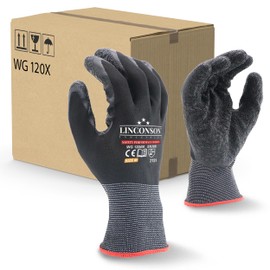 LINCONSON 12 Pack Safety Performance Series Construction Mechanics Wrinkle Latex Work Gloves (Black, Medium (12 Pairs))
