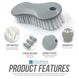 Pack of 3 Scrubbing Brush – Plastic Scrubbing Brushes for Cleaning, Easy Grip Stiff Bristle Brush to Clean and Scrub Floors, Carpets, Kitchen, and Bathroom