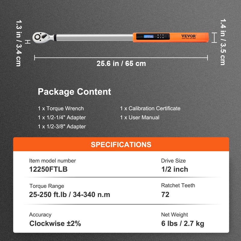 VEVOR Digital Torque Wrench 1/2" Drive(25-250ft.lb/34-340n.m), ±2% Torque Accuracy, 3-Mode