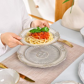 Sungmor Embossed Stoneware Fine Dining Dinnerware, Vintage Transmutation Glaze Porcelain Dinner Plate Set of 2 (8.5 Inch & 10.5 Inch), Sophisticated Ceramic Serving Platters for Maincourse, Pasta Dish