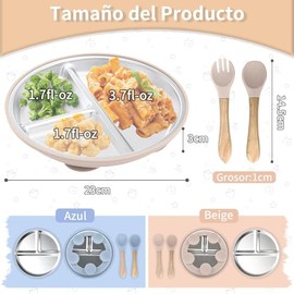 Janety 2 Piezas Platos de Acero Inoxidable para Bebe con Succión, Platos para Bebe Divididos con Mangas de Silicona Extraíbles y 2 Juegos de Cuchara y Tenedor, Antideslizantes y Resistentes