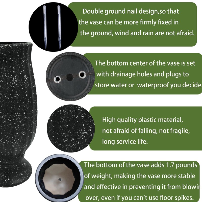 Cemetery Vase, Black Plastic, Modern Cylindrical Vase with Ground Spike,
