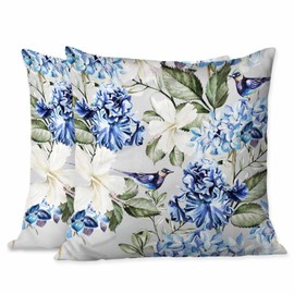 Beabes Pillow Covers Colorful Watercolor Blue Hydrangea Hibiscus Iris Leaf and Bird Spring Flowers Pattern 18X18 Inch Set of 2,Standard Square Cushion Throw Cover for Couch Bedroom Living