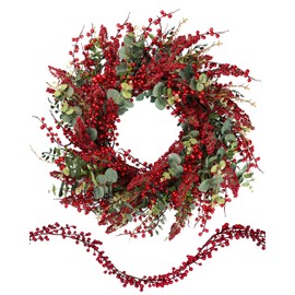 Chrisxiao Christmas Wreath, Artificial Christmas Wreaths for Front Door Decorated with Holly Berries, Hawthorn Berries Podocarpus for Indoor Outdoor Christmas Decorations 24 INCH