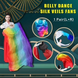 Women 1.8 m Long Belly Dance 100% Silk Bamboo Fan Veils 1 Pair(L+R) (Vertical turquoise blue purple)
