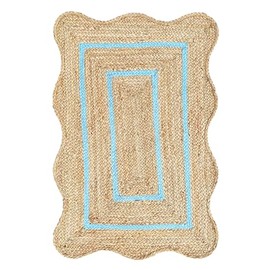 Weaving Village Wave Scalloped Natural Jute Rug - Boho Entryway Runner, Farmhouse Scallop, Sky Blue (2'x3')