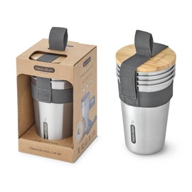 Black+Blum Picnic Cup Set of 4 - Stainless Steel Cups with a Bamboo Lid with Bottle Opener and Carry Strap