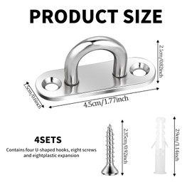 DEFIYEAR 4 Set Pad Eye Plate U Hooks, Eye Plate Heavy Duty Stainless Steel with Screws and Expansion Tubes, Wall & Ceiling Mount Eye Hooks for Hanging Hammocks Plants Gym Straps