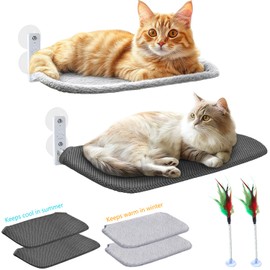 Idepet Cat Window Perch Cordless Foldable Cats Hammock Bed with Interactive Toys,Suction Cups,Reversible Cover Keep Pets Cool/Warm,Indoor Kitten Resting Seat(Gray&Black, 2 Pack)