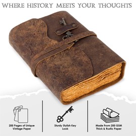 TRISKY Vintage Leather Journal – 200 Handmade Vintage Deckle Edge Paper, Travel Journal, Journaling Notebooks, Sketch Book, Journals for writing, with Key Lock (7x5)