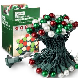 Tupkee Pearlized Glass Mini Globe Lights Set - 70 G15 Red, Green & Warm-White LED Bulbs - Indoor Outdoor - 25.3 Feet Pearl Berry Mini Globe Round Bulb Light String, Christmas Tree Holiday Lights