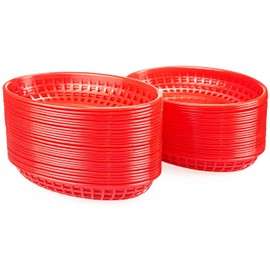 Lawei 50 Pack Oval Food Basket Reusable Plastic Fast Food Diner Basket for Chip Fries Burgers Sandwiches Picnics BBQ Party, Red